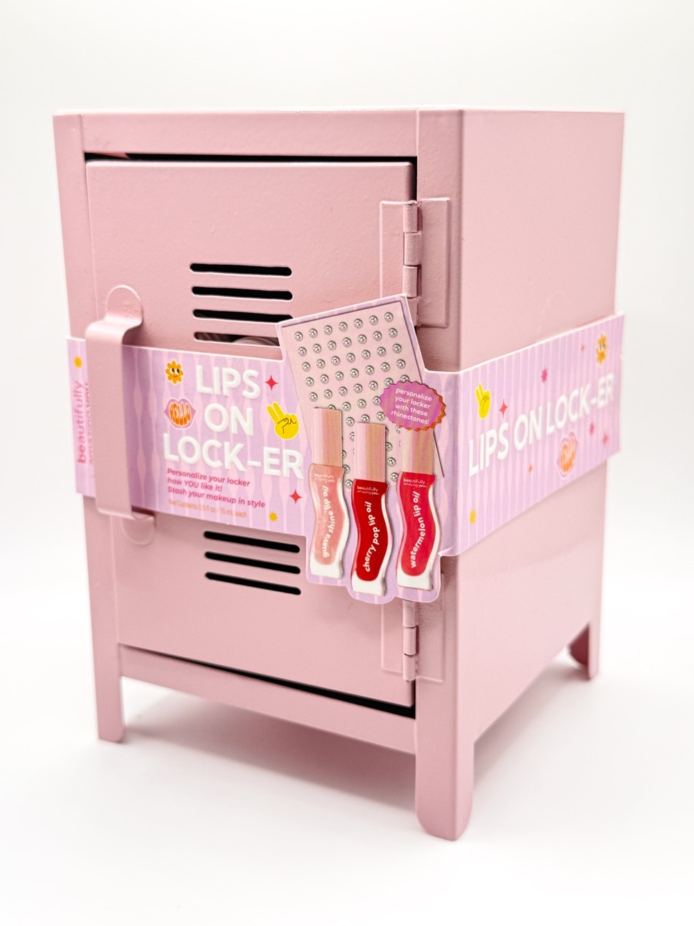 Lips On Lock-Er Beauty Gift Set Mini Pink Locker w/ 3 Lip Oils & Rhinestones